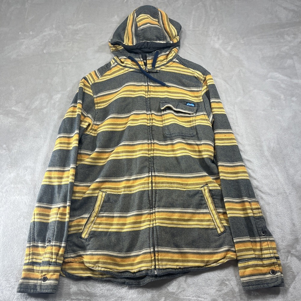 Kavu Seaboard Hoodie Mens Small Gray Yellow Striped Pockets Full Zip Sweatshirt